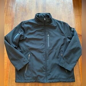 TUMI T-TECH Jacket Mens Large Black Rain Coat Hidden Hood Long Zip Up Insulated